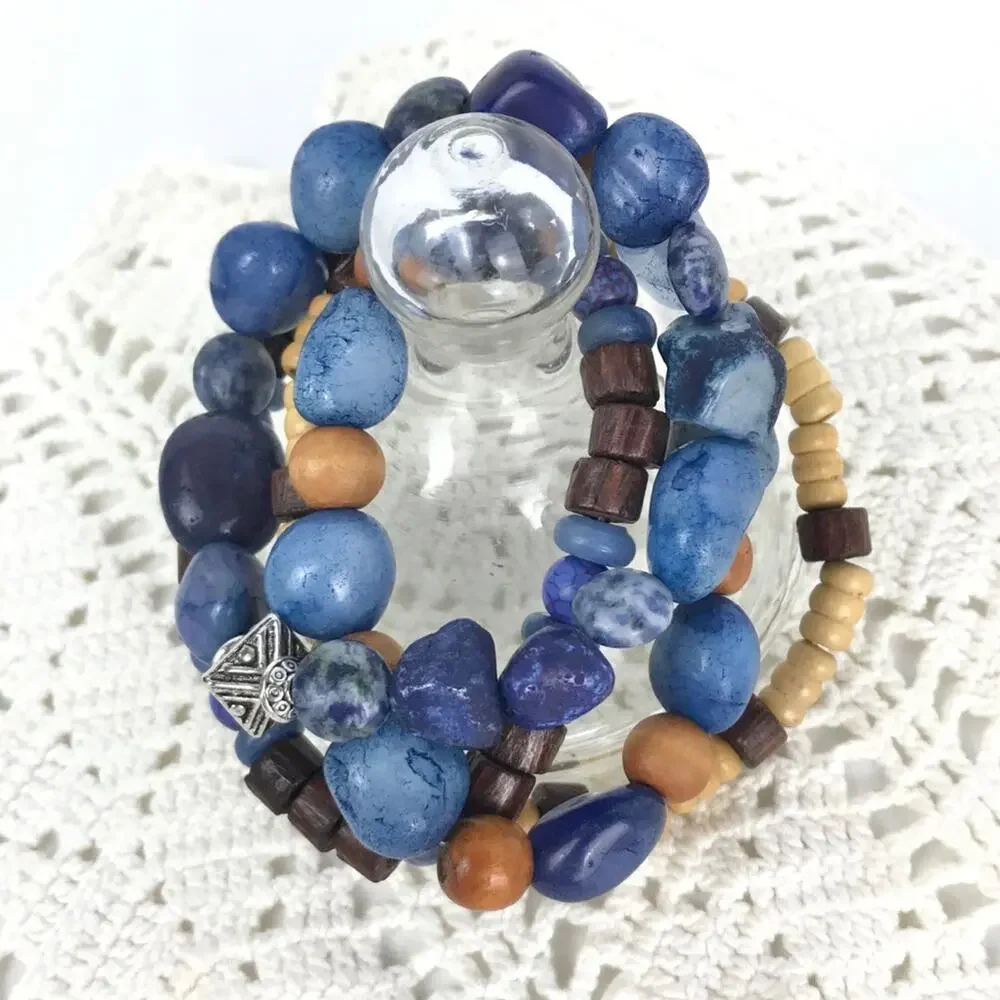 Natural Stone Wood Meditation Reiki Bracelets Blue